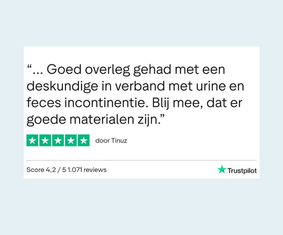 Trustpilot-recensie: 'Goed overleg gehad met een deskundige in verband met urine en feces incontinentie. Blij mee, dat er goede materialen zijn.' De recensie is geschreven door Tinuz en heeft vijf sterren.