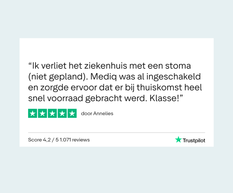 Trustpilot-review over snelle levering van hulpmiddelen na ziekenhuisontslag met stoma.