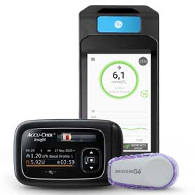 Accu-Chek Insight insulinepomp van Roche Diabetes Care samen met Dexcom G6 glucosesensor en DLBG1 van Diabeloop