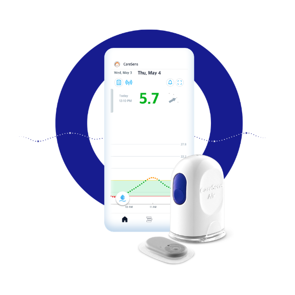 vooraanzicht smartphone en caresens-air cgm en applicator