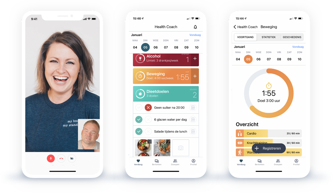 3 schermen met inzicht en metingen in health coach app