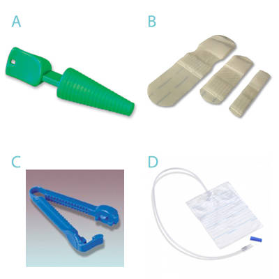 overzicht hulpmiddelen verblijfskatheter, katheterstop, fixatiepleister, katheterklem en urine-opvangzak