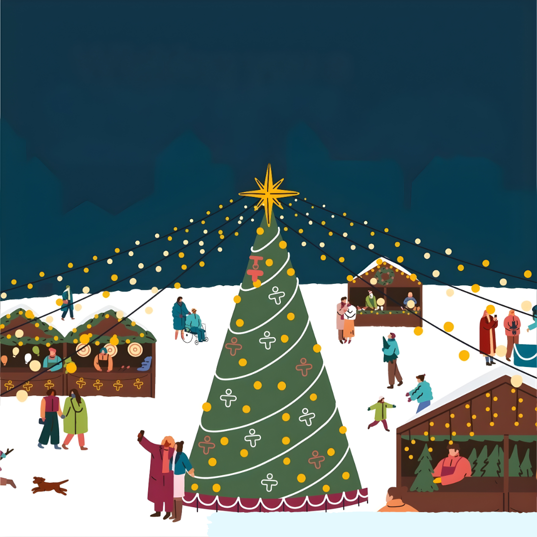 kerstmarkt met mediq logo in de kerstboom