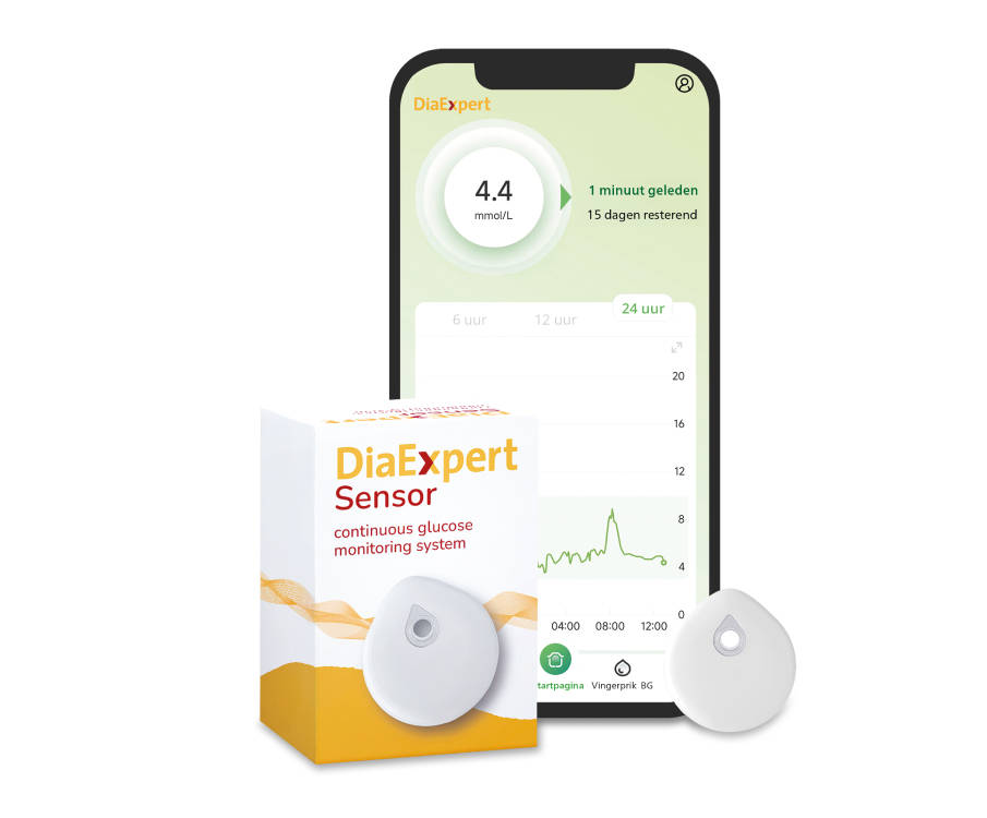 DiaExpert sensor en telefoon met de bijbehorende app